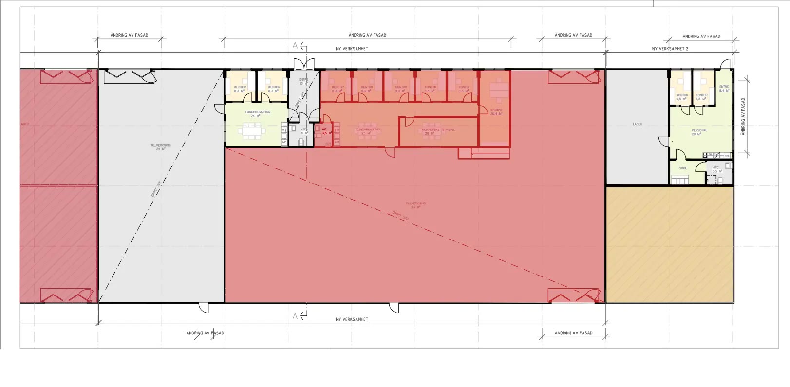 Planritning med röd yta som inte är till salu och orange möjlig expansionsyta